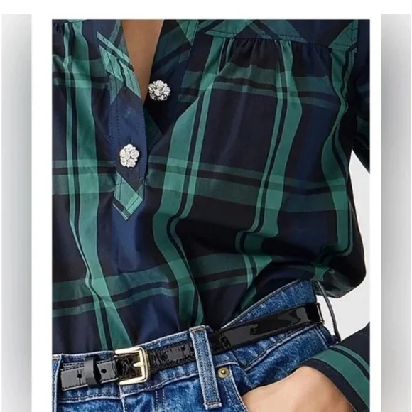NWT J. Crew Women’s Fresco Top with Jewel Buttons Black Watch Tartan Holiday - Picture 3 of 10